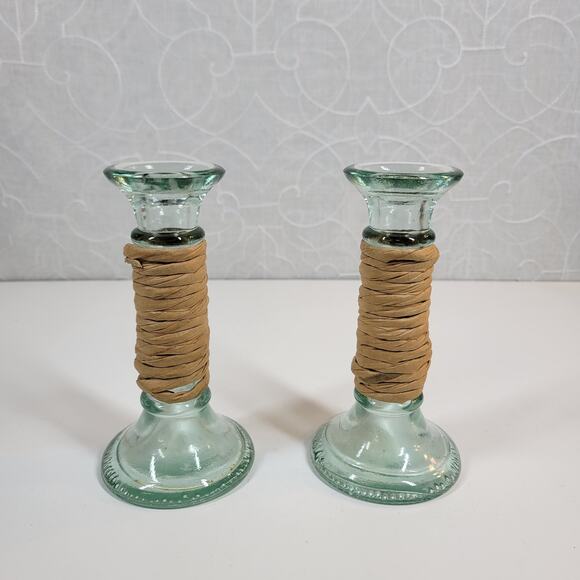 Vintage Glass Wrapped Twine Candlestick Holders Rustic Primitive Home Decor - Picture 12 of 12